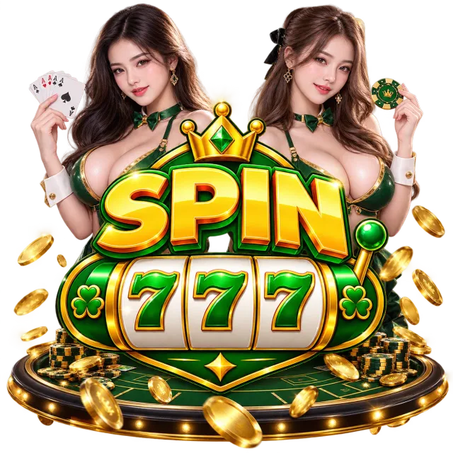 Spin777 poster: golden SPIN 777 slot logo on a casino table with two hostesses