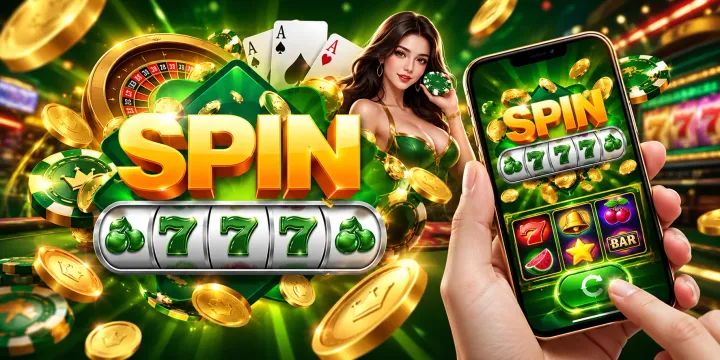 Spin777 mobile poster – hand holding a phone with a Spin777 slot game in portrait mode