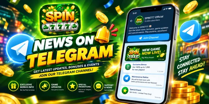 Spin777 Telegram channel poster – phone showing new game and promotion posts in the official channel